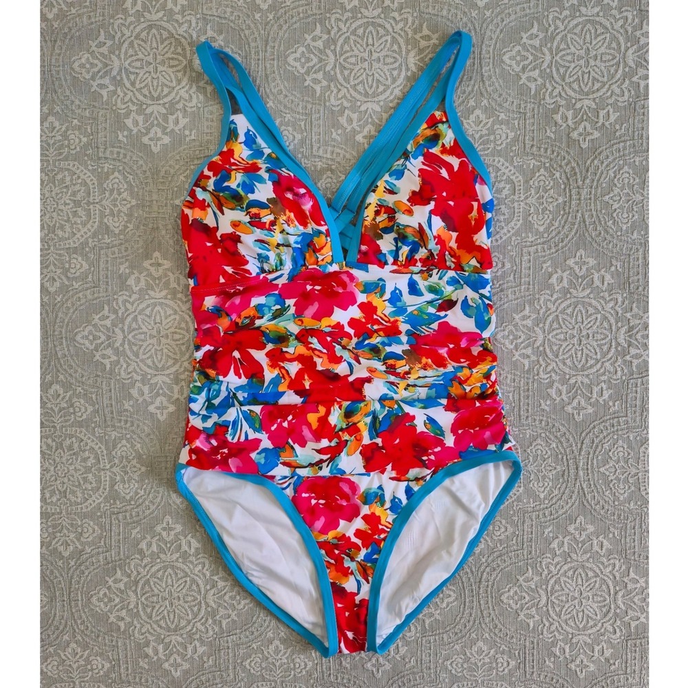 B2Prity Floral One Piece Swimsuit Ruched Tummy‎ Control Multi-Color Blue Red